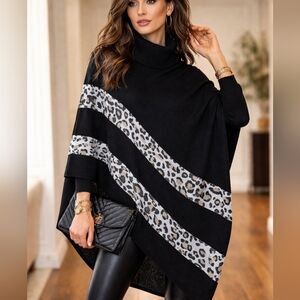Chicos L/XL Black Animal Print Shawl Poncho Turtleneck Luxury Mob Wife Glam Cozy